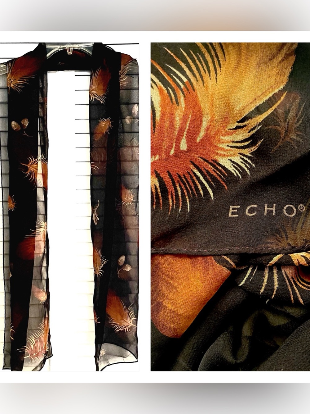 Echo Black Scarf with Orange and Gold Feather Motif!